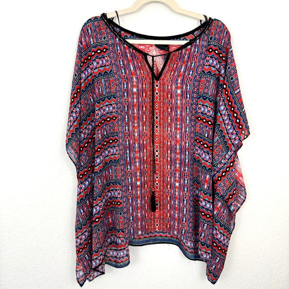 New Direction Womens Blouse Top Size 2X Flowy Geo Print Beaded Tassel Red - Picture 1 of 8